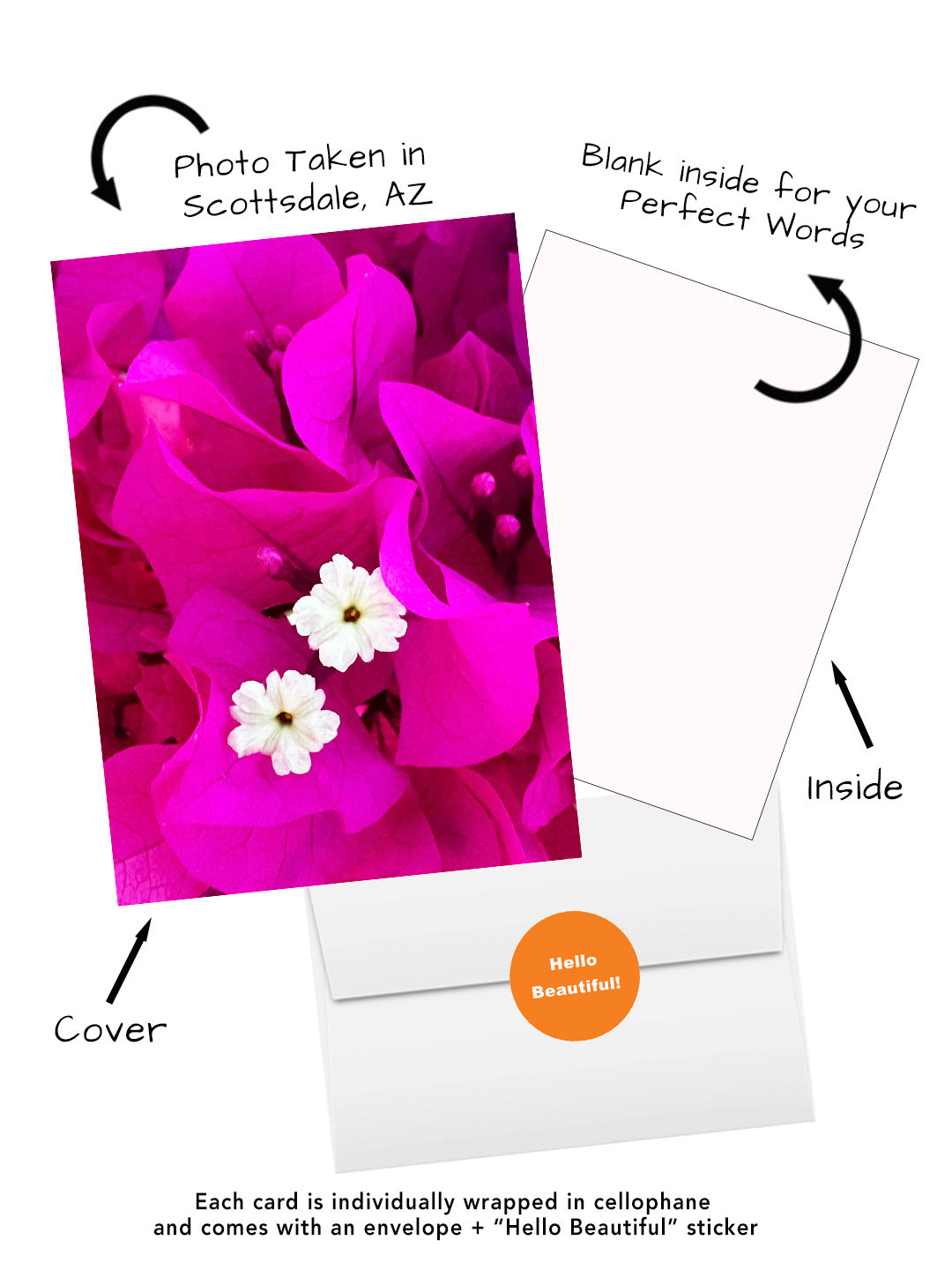 Bougainvillea greeting card featuring original flower photography captured in Scottsdale Arizona. Visual of cover, inside, envelope, and hello beautiful sticker