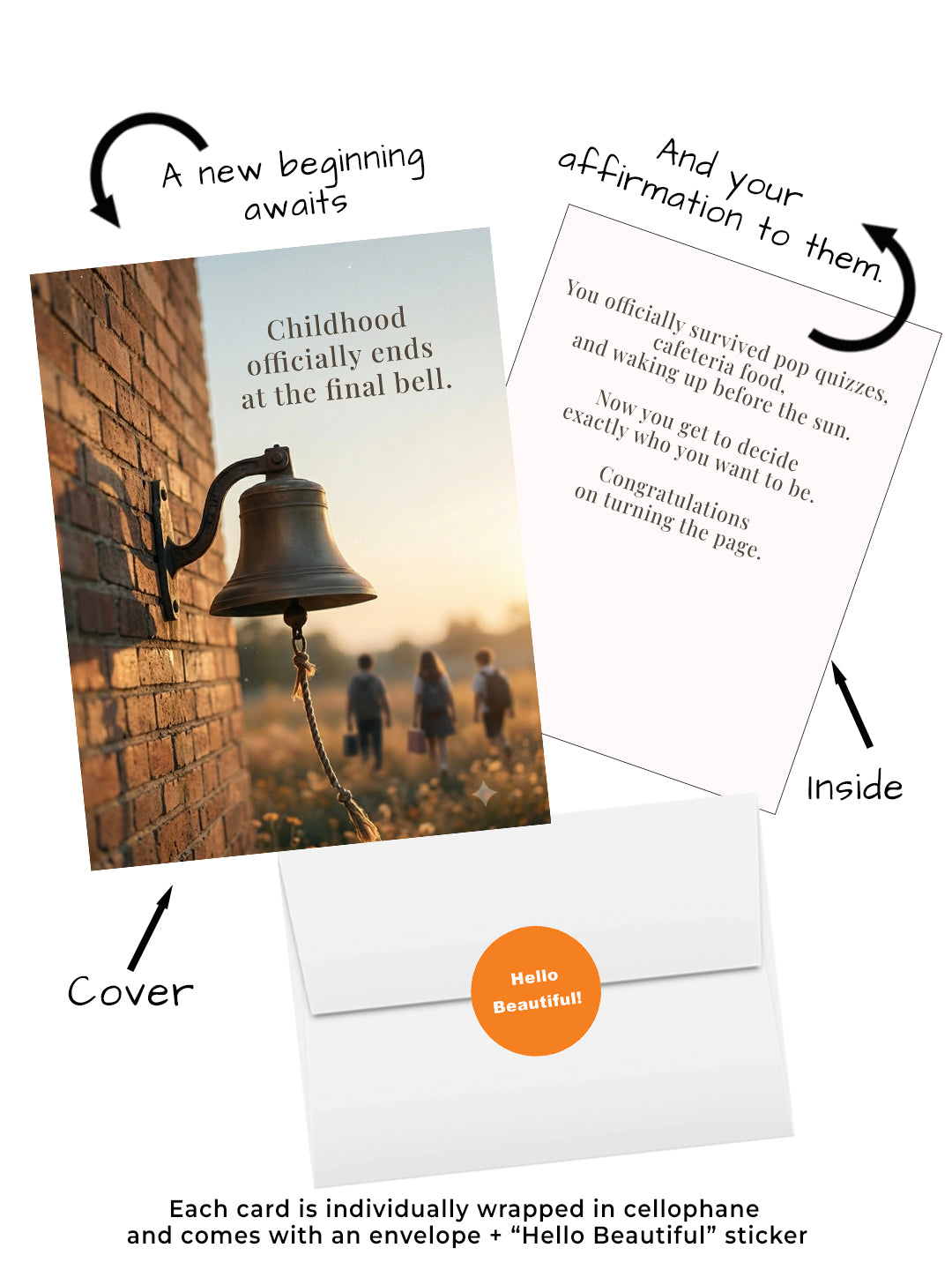 Funny high school graduation card featuring a school bell design with the message Childhood officially ends at the final bell. Visual of the cover, inside, envelope and hello beautiful sticker.
