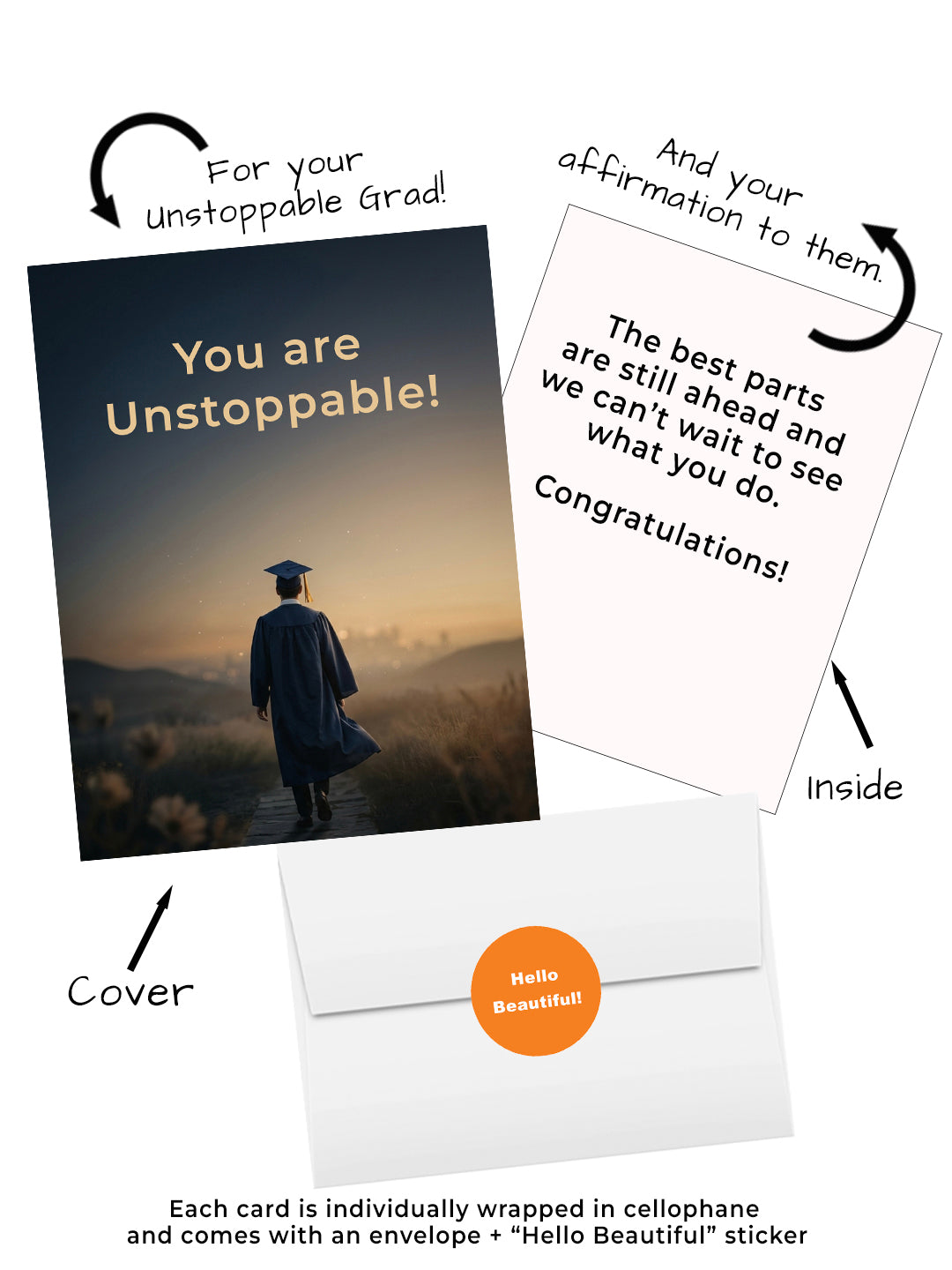Graduation greeting card for him featuring a male graduate walking toward the horizon with the message You are unstoppable. Visual of cover, inside, envelope and hellp beautiful sticker
