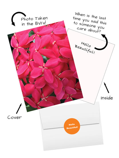 Hello Beautiful greeting card featuring Virgin Gorda, British Virgin Islands photo — BARDZ Happiness Card. Image of cover, inside of card, envelope and hello beautiful envelope sticker