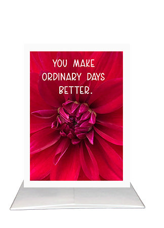 Valentine’s Day card with text You make ordinary days Better by BARDZ.  Picture of cover of card on envelope.  Inside reads That's my favorite thing about us. Happy Valentine's Day by BARDZ