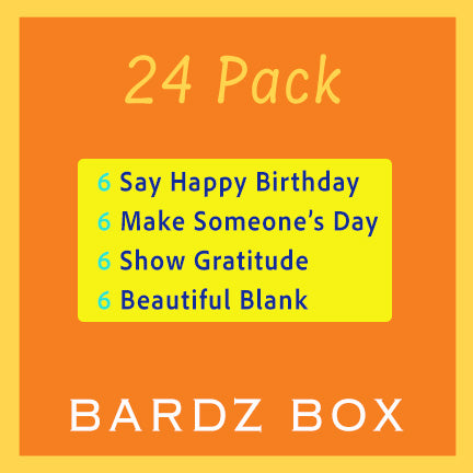 BARDZ assorted greeting cards 24-pack on premium cardstock.  Close up of mixed occasion cards included