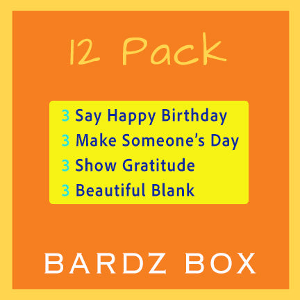 Assorted Bardz Greeting cards - 12 pack boxed set on premum cardstock. close up of contents of 12 pack box
