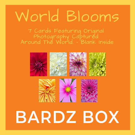 Promotional graphic for a card deck called World Blooms by Bardz Box, featuring an orange background with yellow text and a grid of seven flower photo cards. Visual of cover of each of 7 cards