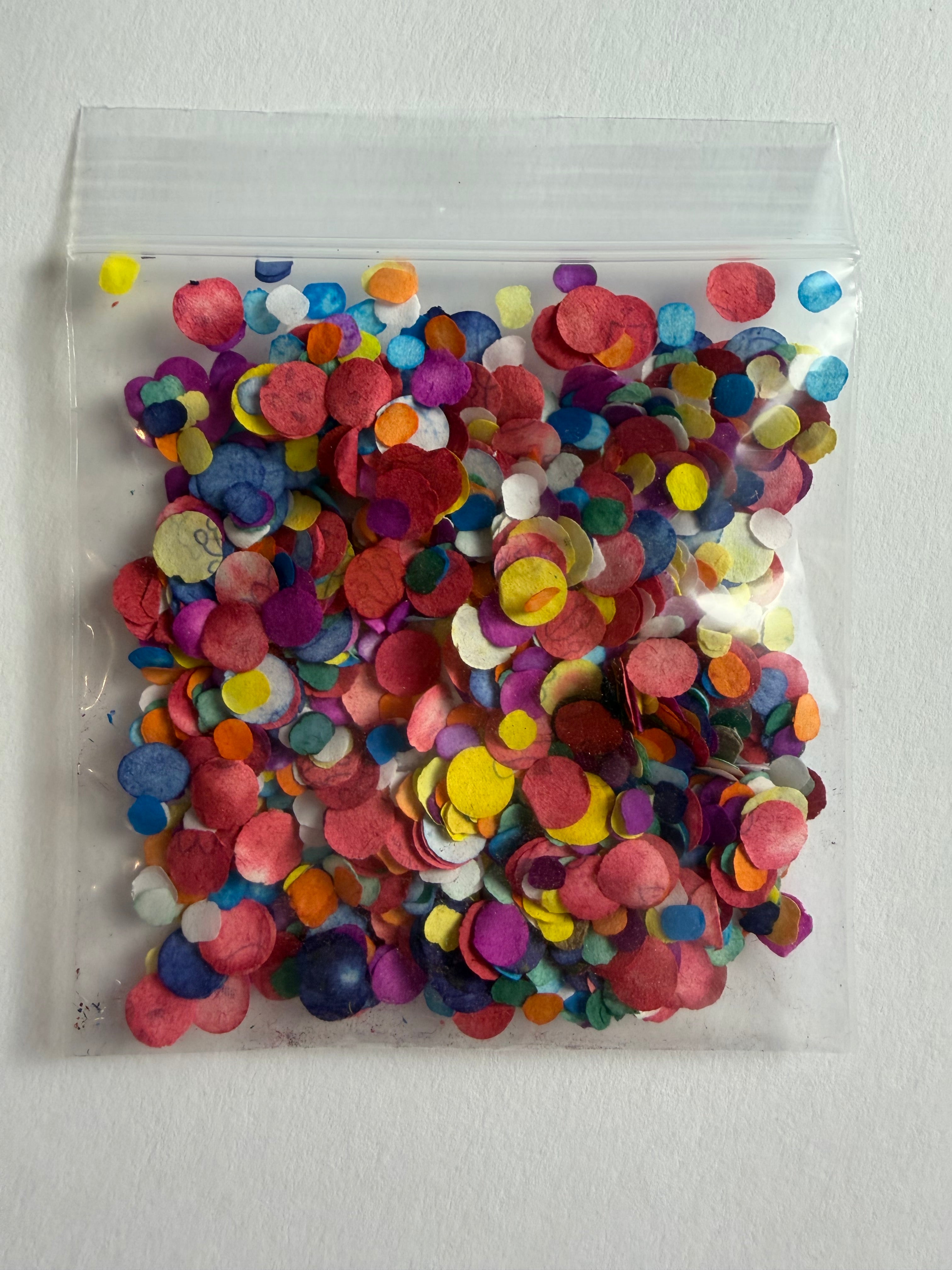 Mini Confetti Pack by BARDZ with colorful paper confetti in resealable bag.  Visual is the mini see thru pack containing the colorful confetti.