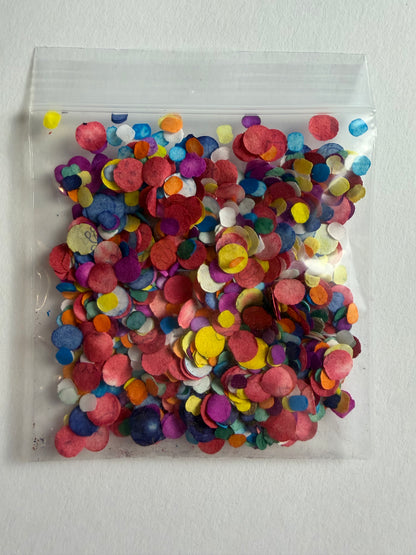 Mini Confetti Pack by BARDZ with colorful paper confetti in resealable bag.  Visual is the mini see thru pack containing the colorful confetti.