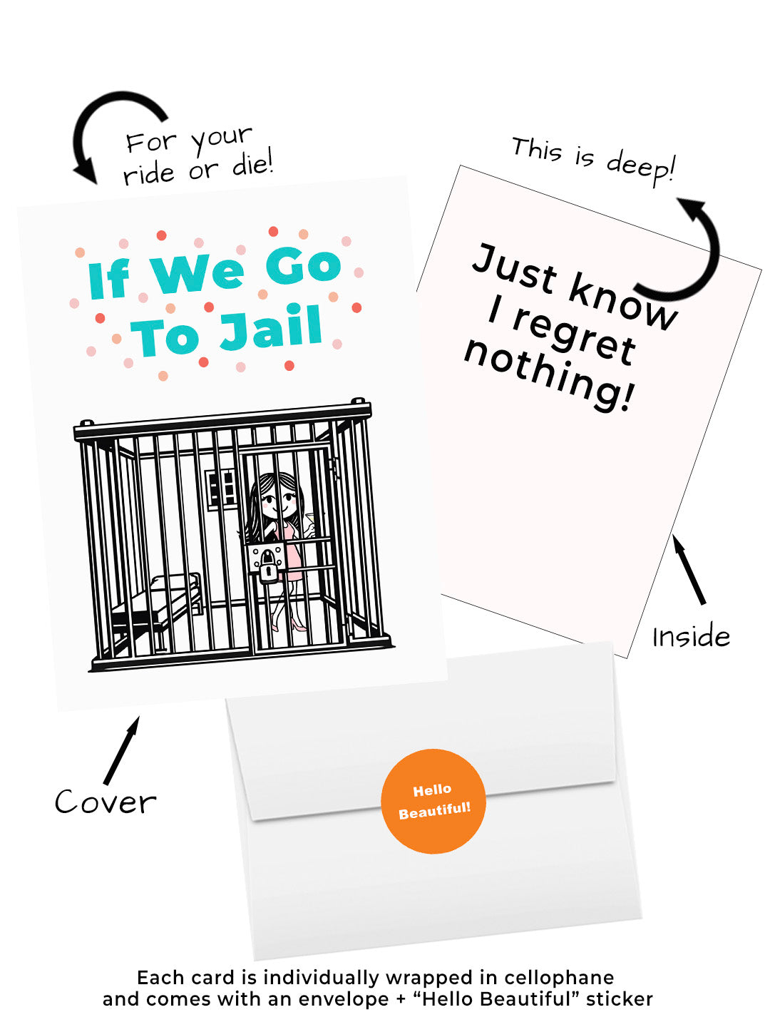 Funny friendship card that says If We Go to Jail just know I regret nothing.  Graphic of cover and inside of card plus envelope and hello beautiful sticker