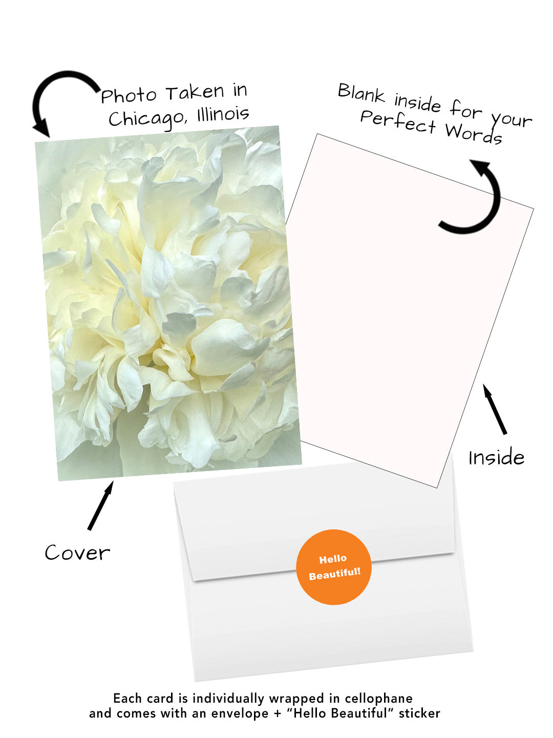 White peony greeting card featuring original floral photography captured in Chicago Illinois  visual of white flowers on the cover and a blank inside for writing, shown with an envelope and 'Hello Beautiful' sticker.