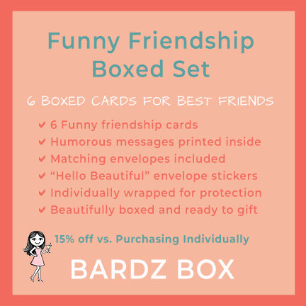 "Product overview graphic for BARDZ Funny Friendship Boxed Set highlighting key features: 6 funny best friend cards with inside messages, matching envelopes, 'Hello Beautiful' stickers, individual wrapping, boxed gift packaging, and a 15% discount compared to individual cards."