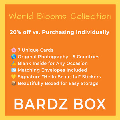 Promotional graphic for the BARDZ BOX World Blooms Collection, featuring an orange background with yellow text and a list of included items such as 7 unique cards, original photography from 5 countries, blank inside space, matching envelopes, and 'Hello Beautiful' stickers.